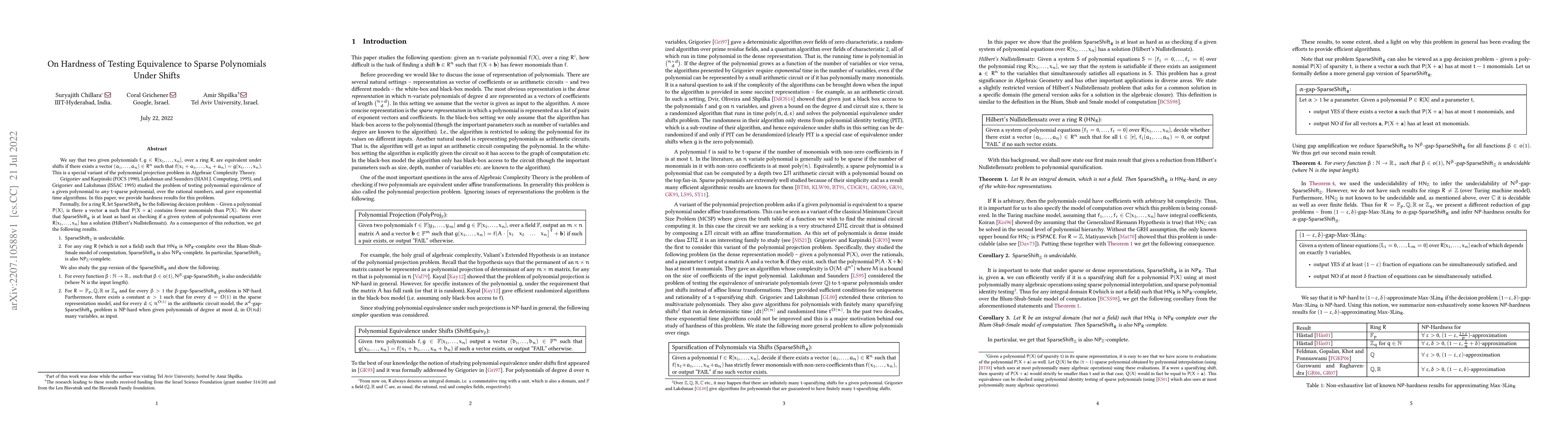 Thumbnail for On Hardness of Testing Equivalence to Sparse Polynomials Under Shifts