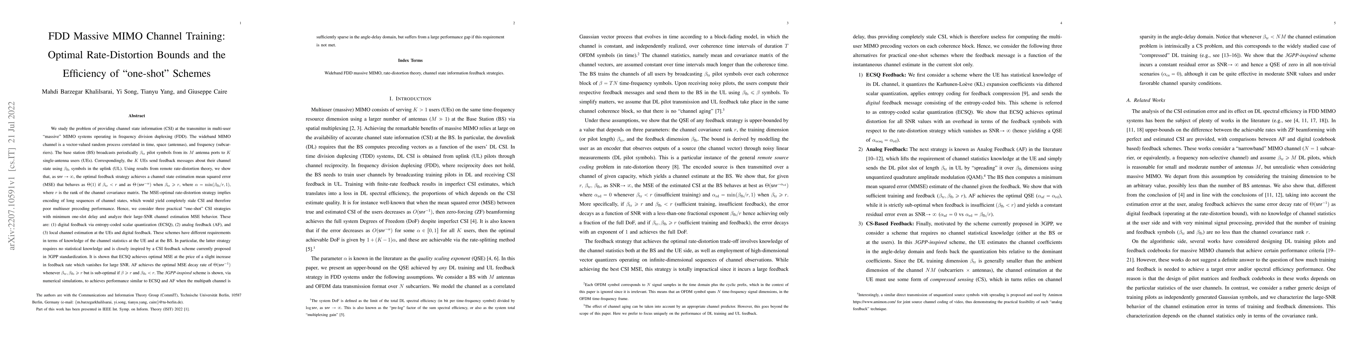 Thumbnail for FDD Massive MIMO Channel Training Optimal Rate Distortion Bounds and the
  Efficiency of one-shot Schemes