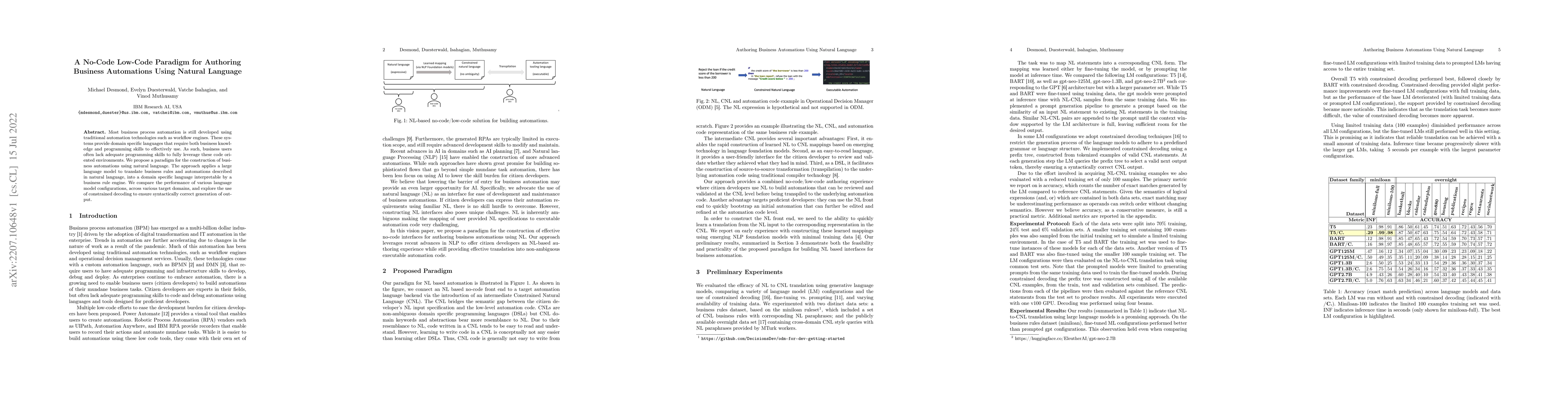 Thumbnail for A No-Code Low-Code Paradigm for Authoring Business Automations Using
  Natural Language