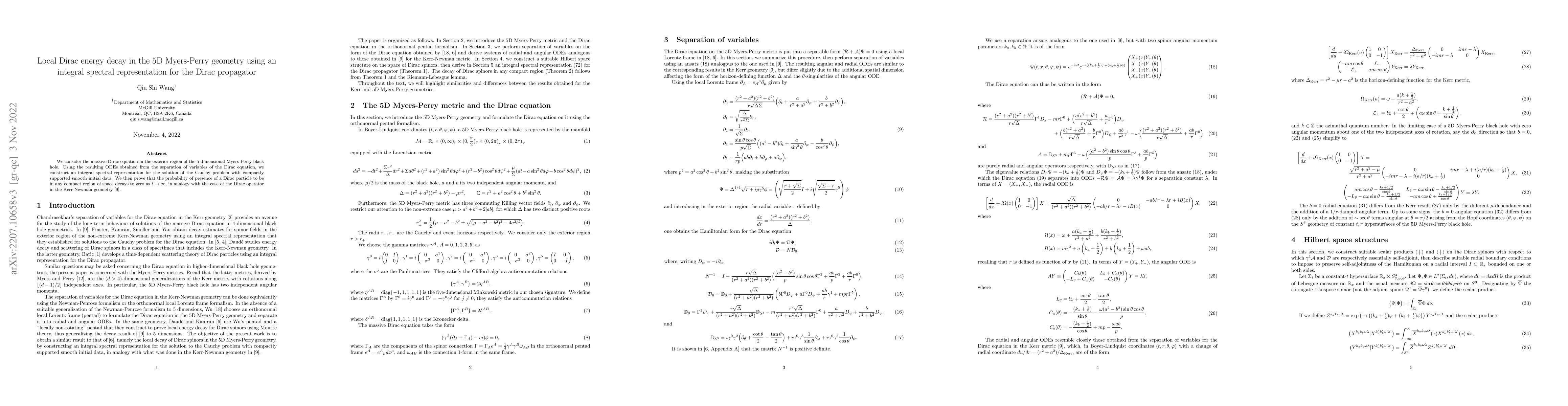 Thumbnail for Local Dirac energy decay in the 5D Myers-Perry geometry using an
  integral spectral representation for the Dirac propagator