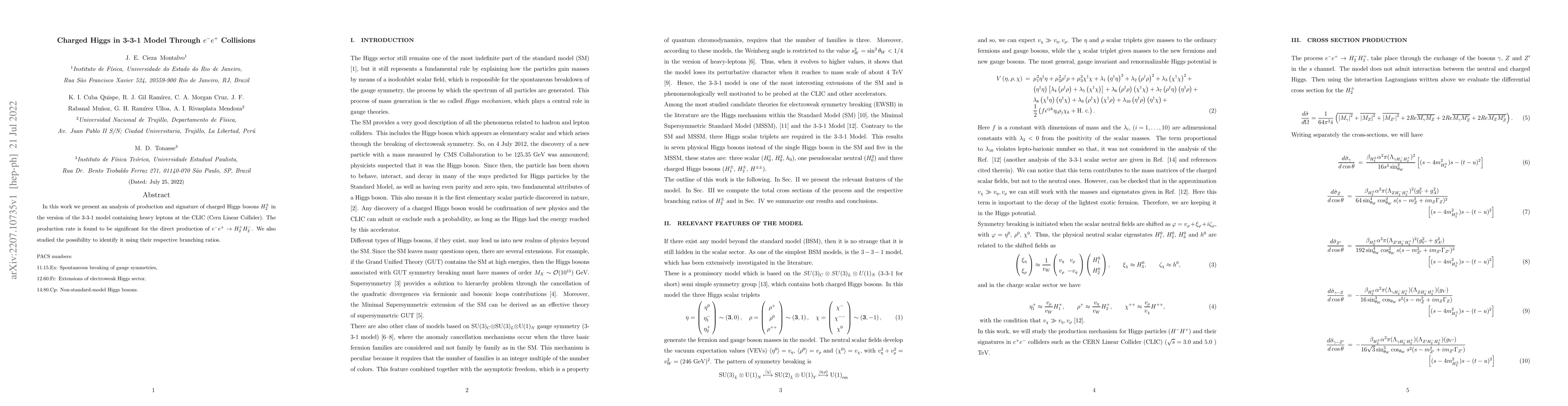 Thumbnail for Charged Higgs in 3-3-1 Model Through $e^-e^+$ Collisions