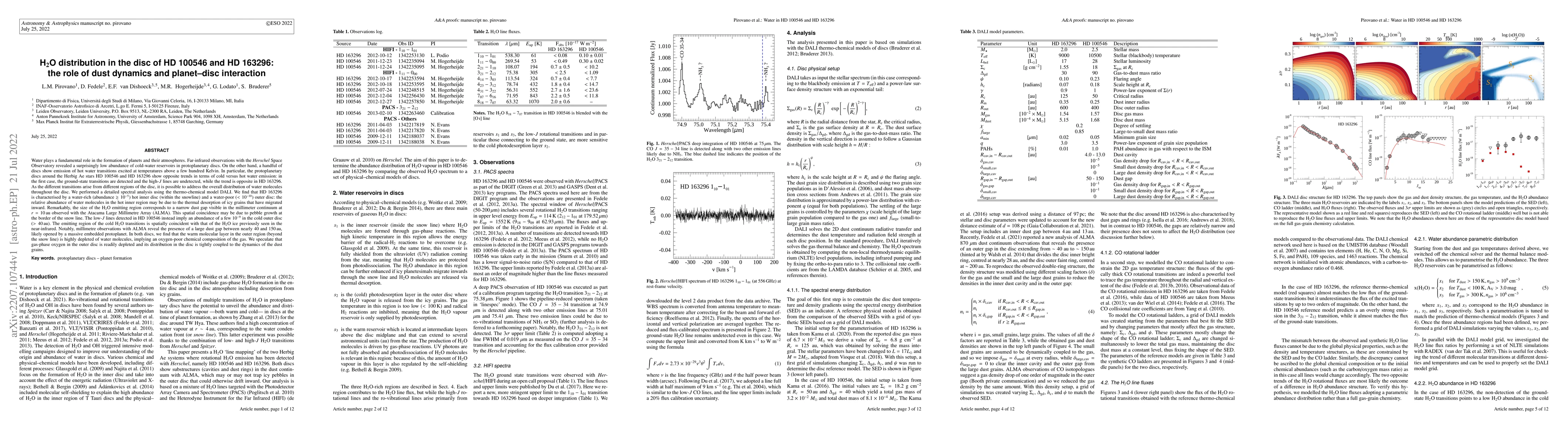 Thumbnail for H$_2$O distribution in the disc of HD 100546 and HD 163296: the role of
  dust dynamics and planet--disc interaction