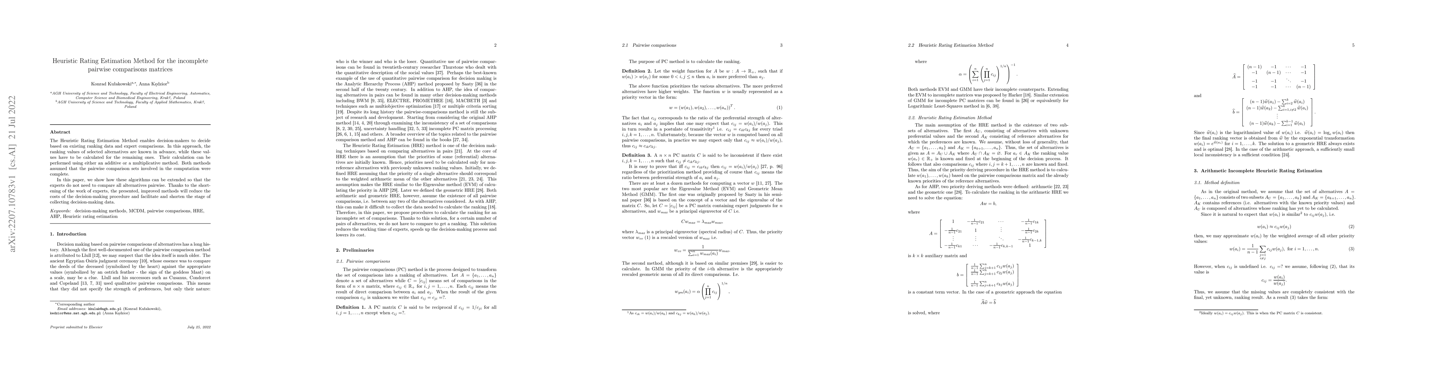 Thumbnail for Heuristic Rating Estimation Method for the incomplete pairwise
  comparisons matrices