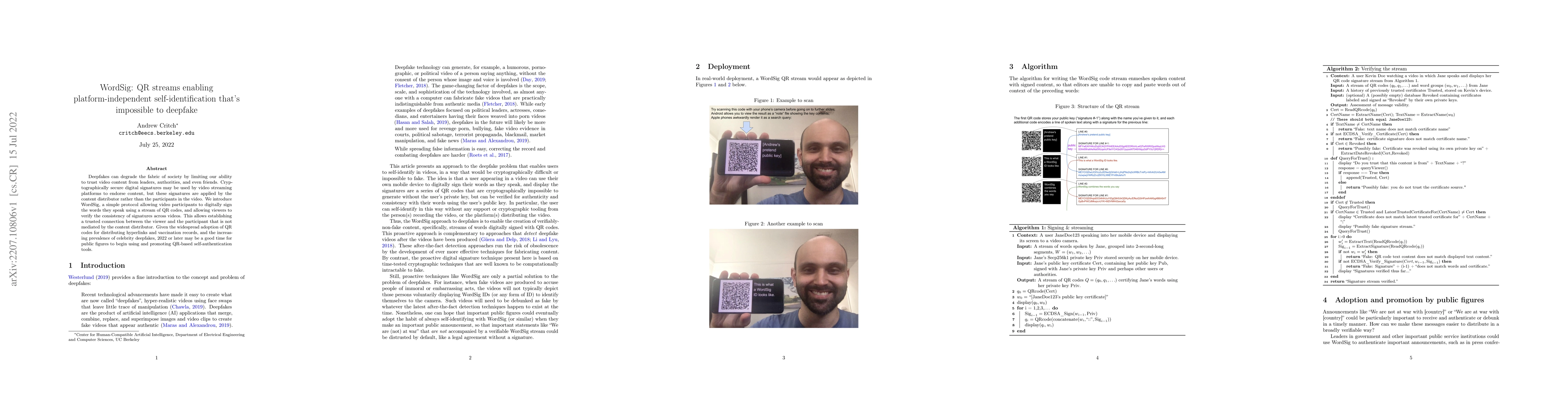 Thumbnail for WordSig: QR streams enabling platform-independent self-identification
  that's impossible to deepfake