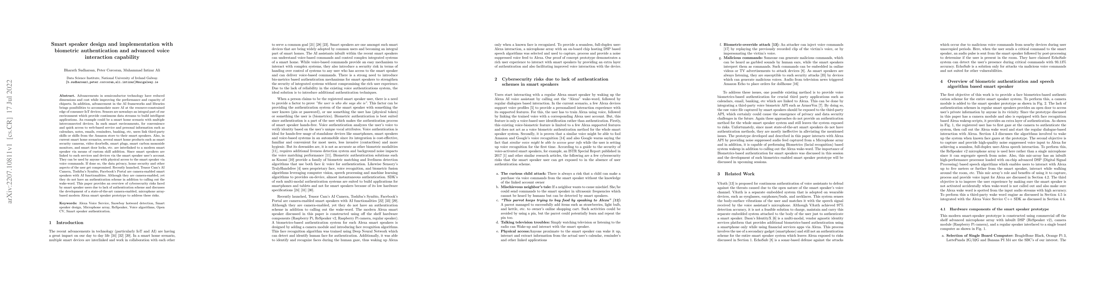 Thumbnail for Smart speaker design and implementation with biometric authentication
  and advanced voice interaction capability