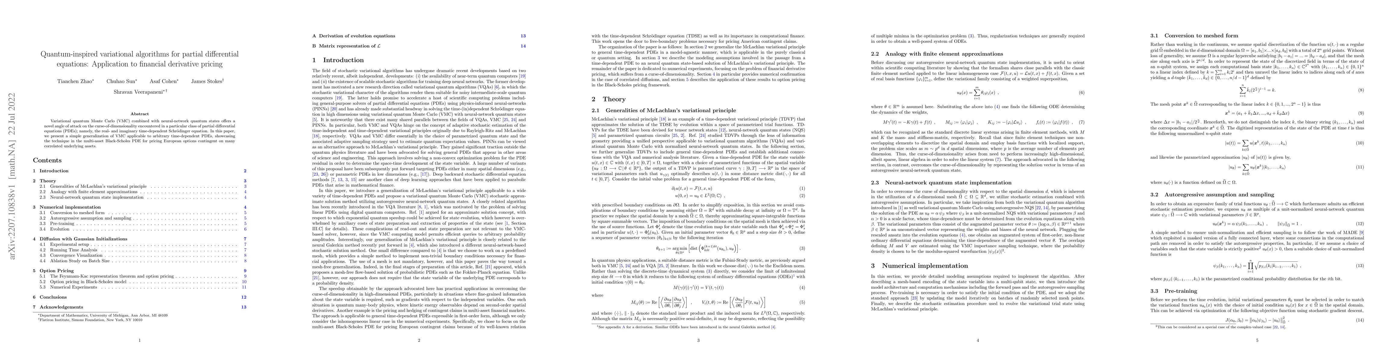Thumbnail for Quantum-inspired variational algorithms for partial differential
  equations: Application to financial derivative pricing