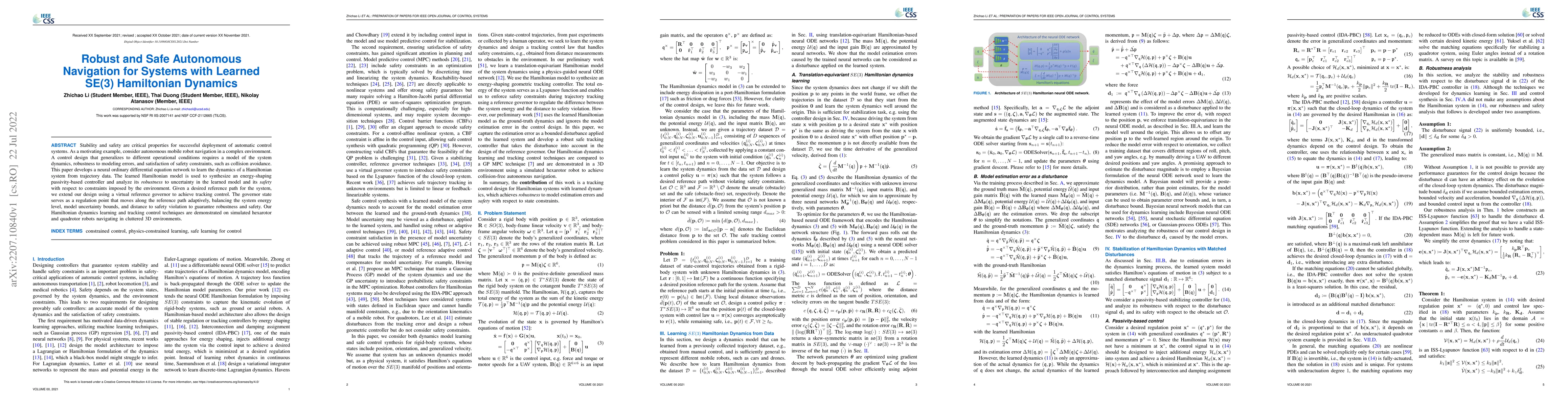 Thumbnail for Robust and Safe Autonomous Navigation for Systems with Learned SE(3)
  Hamiltonian Dynamics