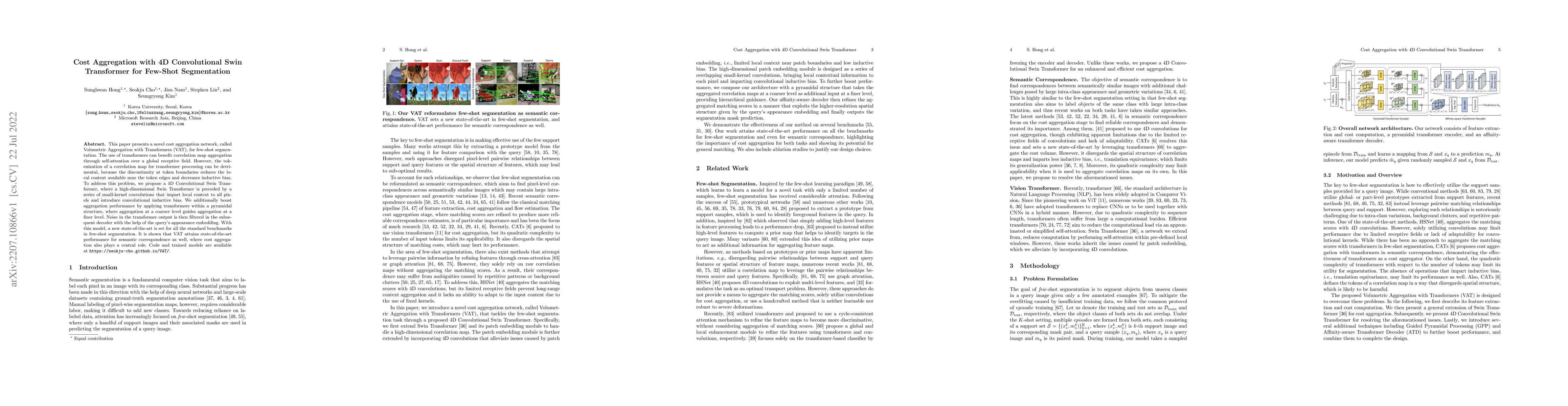 Thumbnail for Cost Aggregation with 4D Convolutional Swin Transformer for Few-Shot
  Segmentation