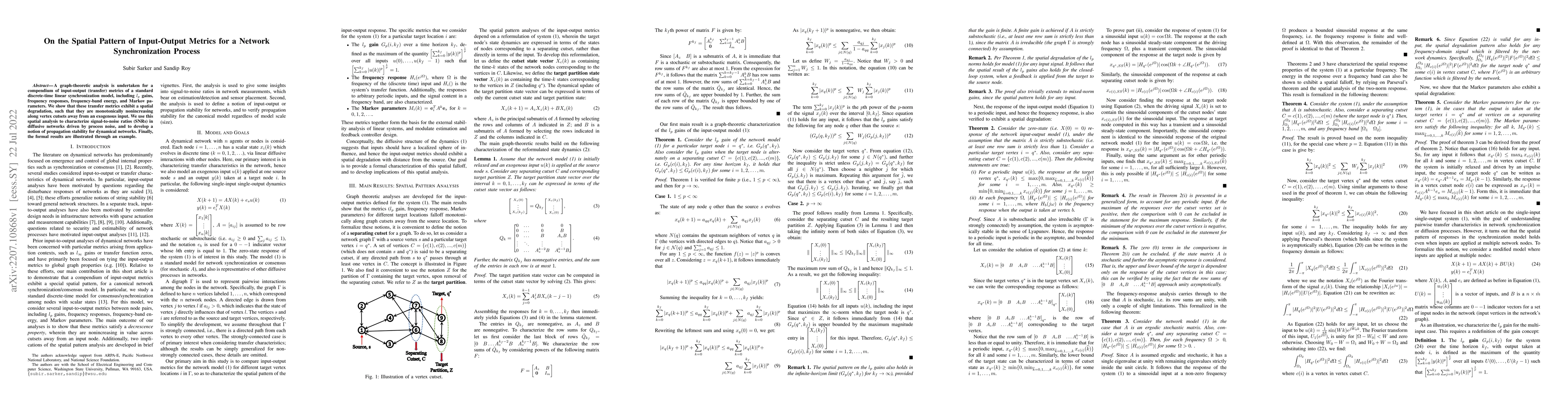 Thumbnail for On the Spatial Pattern of Input-Output Metrics for a Network
  Synchronization Process
