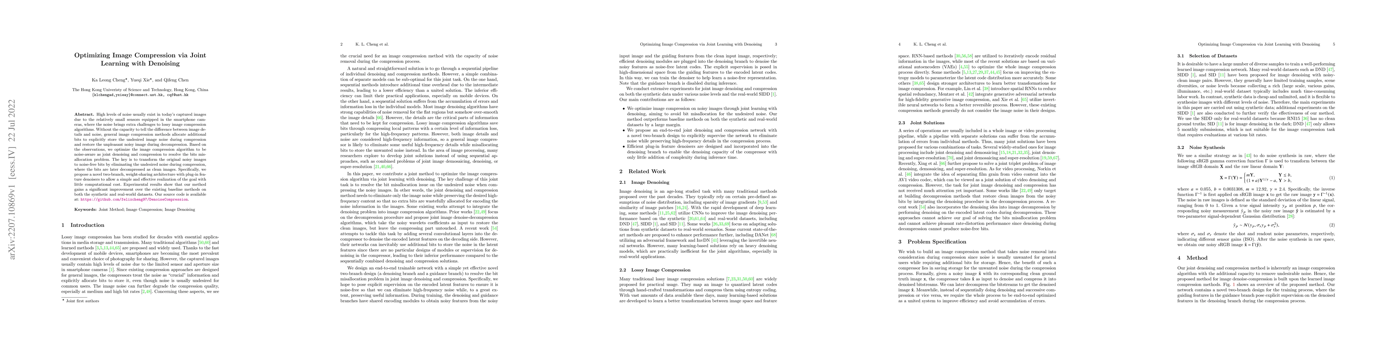 Thumbnail for Optimizing Image Compression via Joint Learning with Denoising