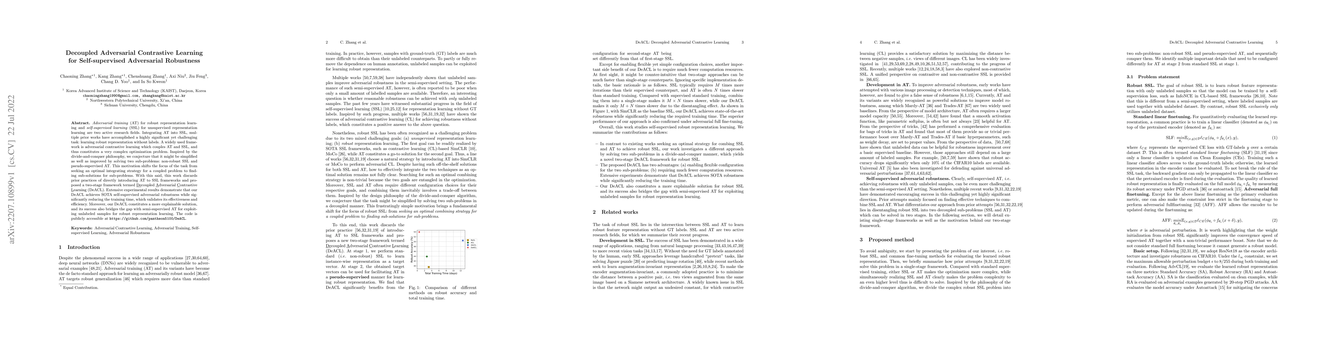 Thumbnail for Decoupled Adversarial Contrastive Learning for Self-supervised
  Adversarial Robustness