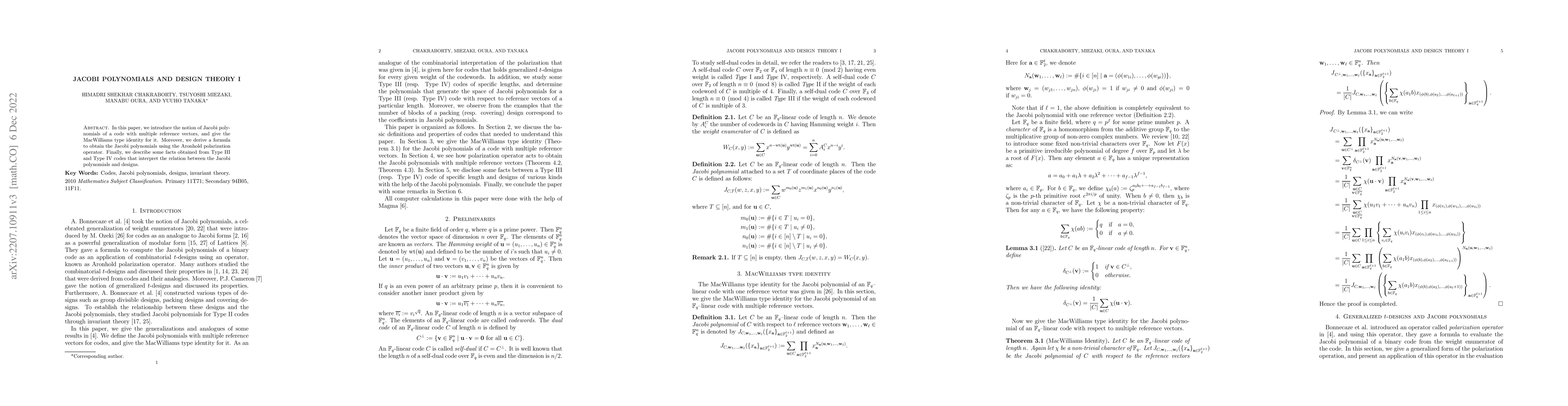 Thumbnail for Jacobi polynomials and design theory I
