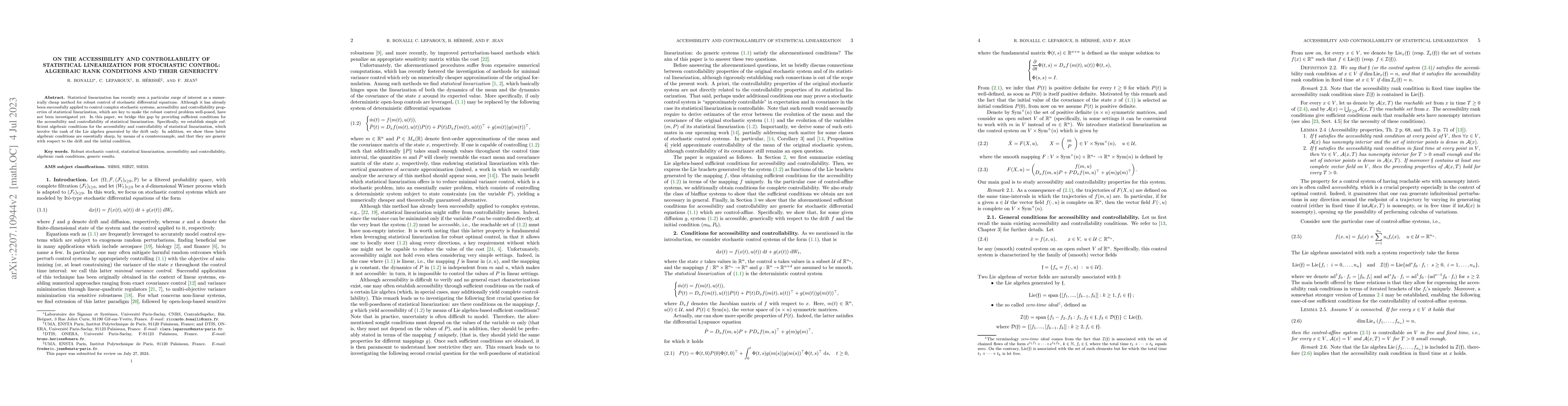 Thumbnail for On the Accessibility and Controllability of Statistical Linearization
  for Stochastic Control: Algebraic Rank Conditions and their Genericity