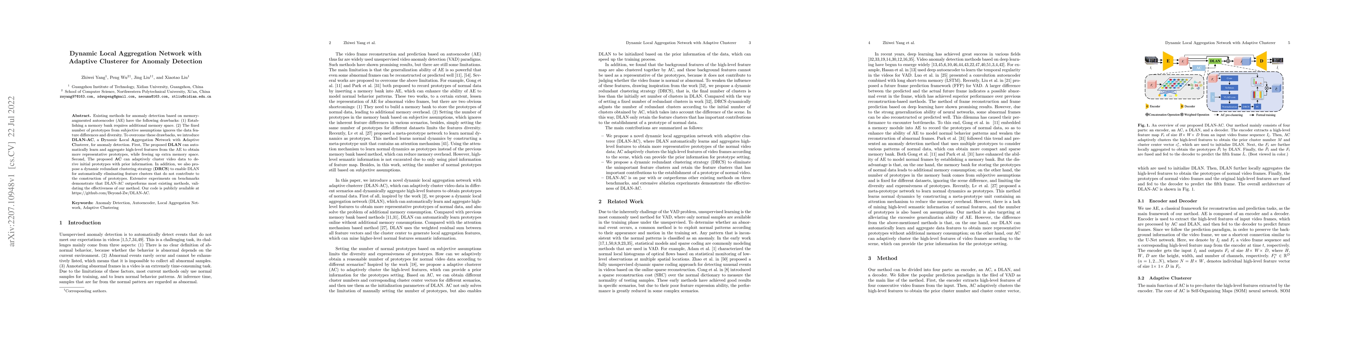 Thumbnail for Dynamic Local Aggregation Network with Adaptive Clusterer for Anomaly
  Detection