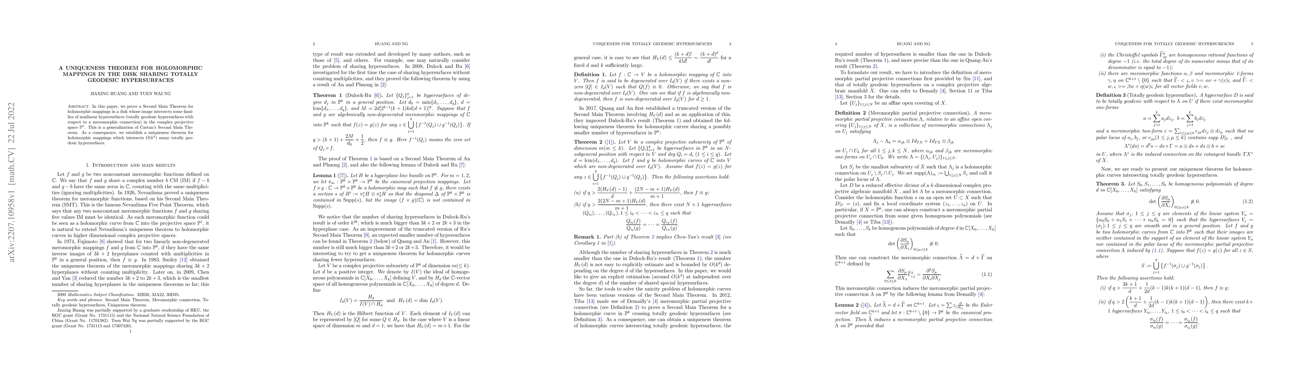 Thumbnail for A Uniqueness Theorem for Holomorphic Mappings in the Disk Sharing
  Totally Geodesic Hypersurfaces