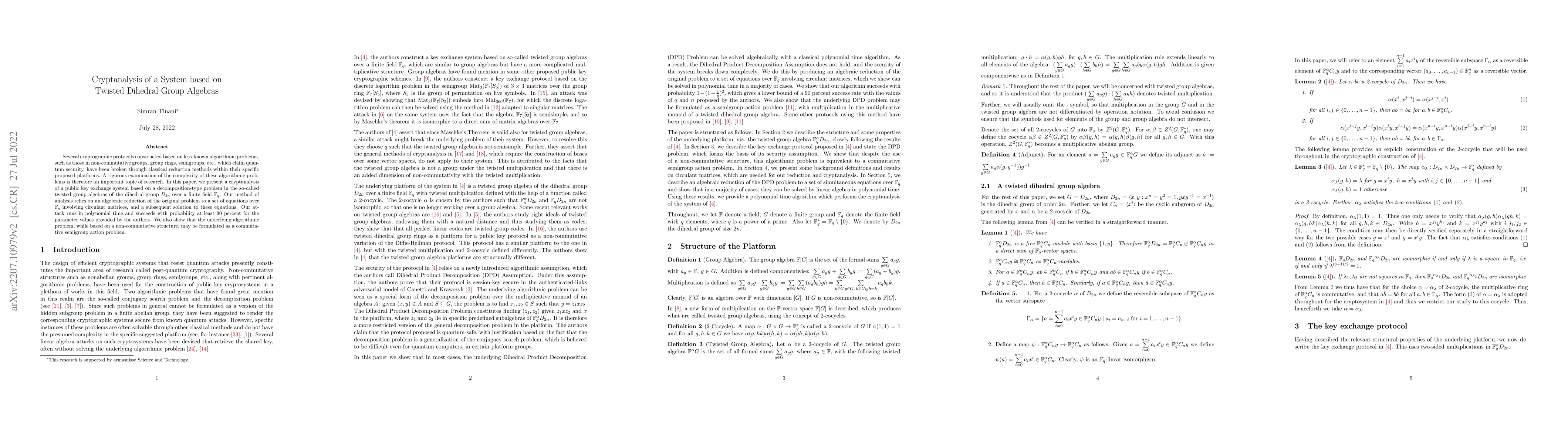 Thumbnail for Cryptanalysis of a System based on Twisted Dihedral Group Algebras
