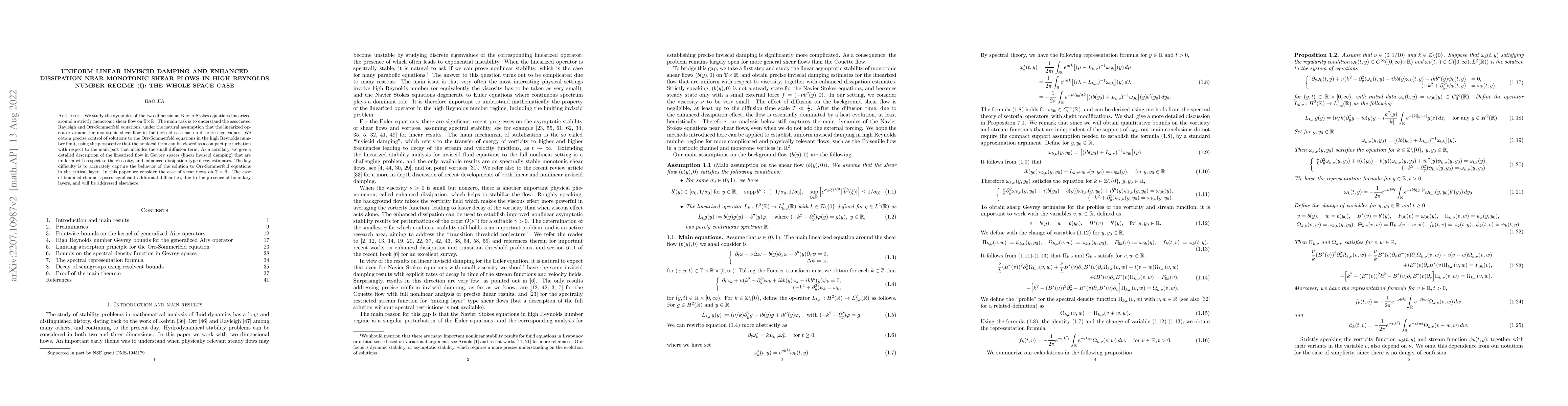 Thumbnail for Uniform linear inviscid damping and enhanced dissipation near monotonic
  shear flows in high Reynolds number regime (I): the whole space case