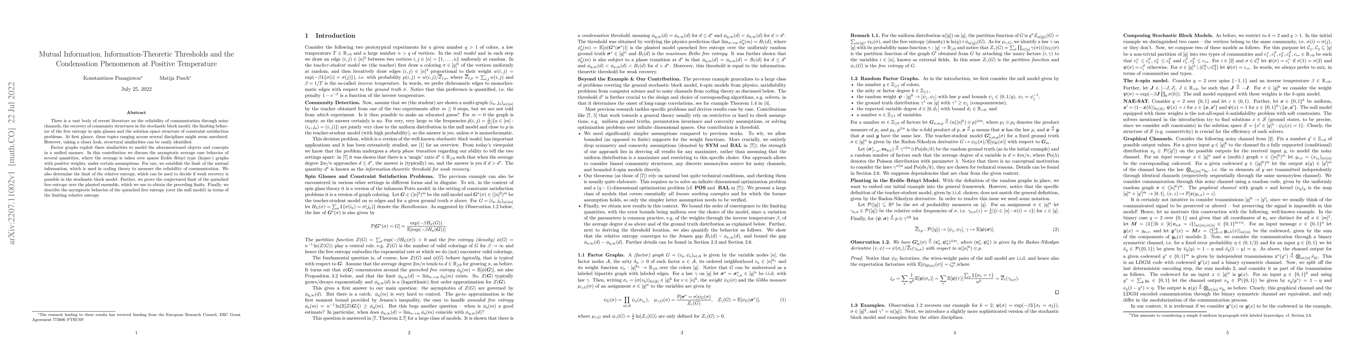 Thumbnail for Mutual Information, Information-Theoretic Thresholds and the
  Condensation Phenomenon at Positive Temperature