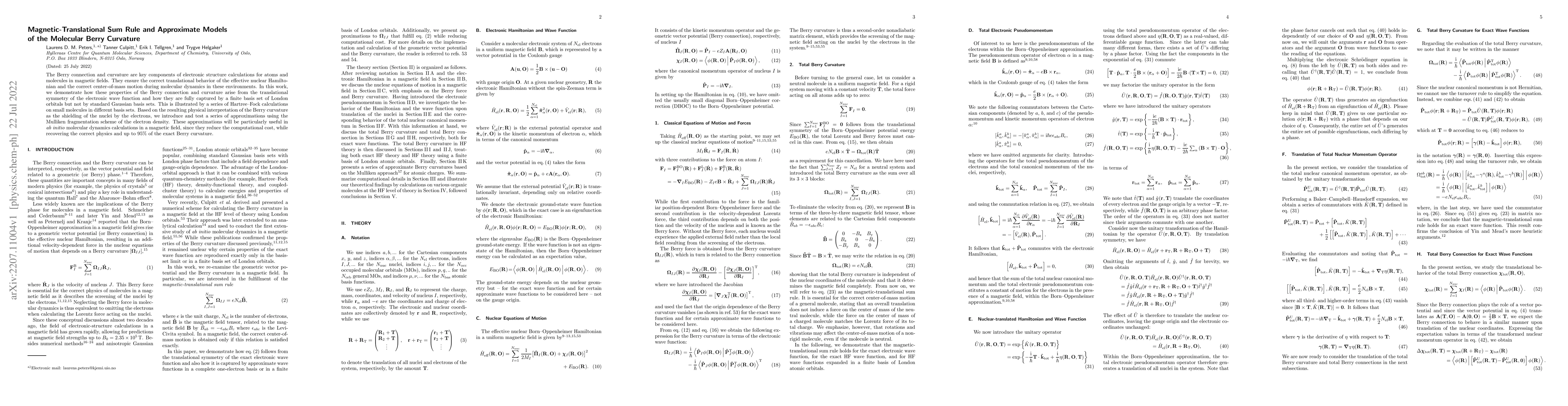Thumbnail for Magnetic-Translational Sum Rule and Approximate Models of the Molecular
  Berry Curvature