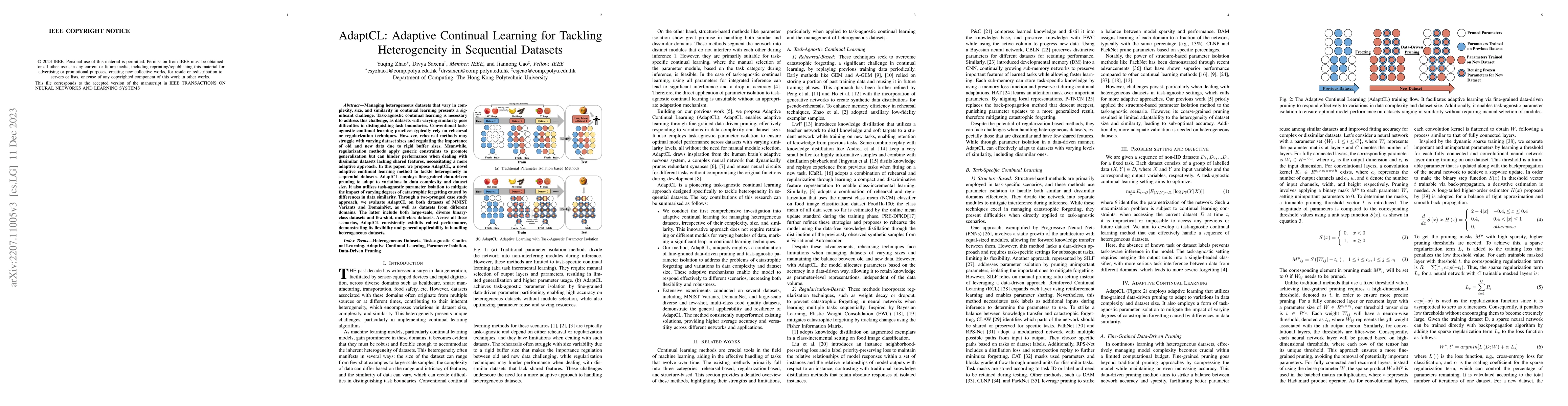 Thumbnail for AdaptCL: Adaptive Continual Learning for Tackling Heterogeneity in
  Sequential Datasets