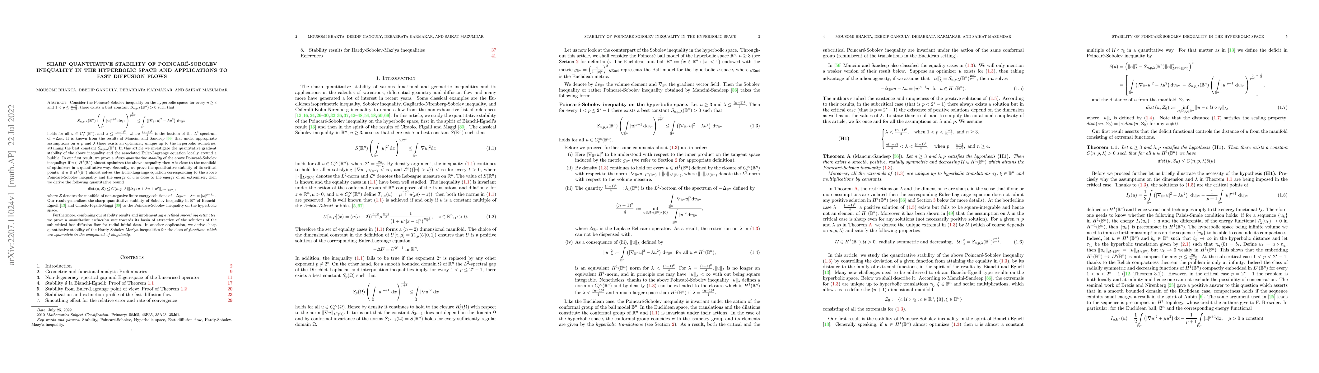 Thumbnail for Sharp quantitative stability of Poincare-Sobolev inequality in the
  hyperbolic space and applications to fast diffusion flows