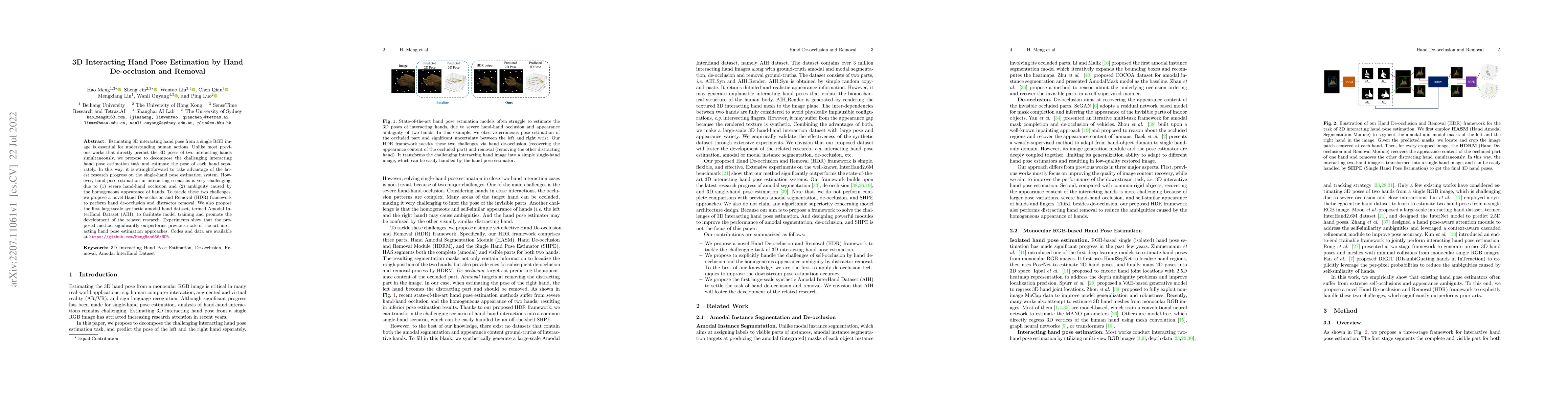 Thumbnail for 3D Interacting Hand Pose Estimation by Hand De-occlusion and Removal