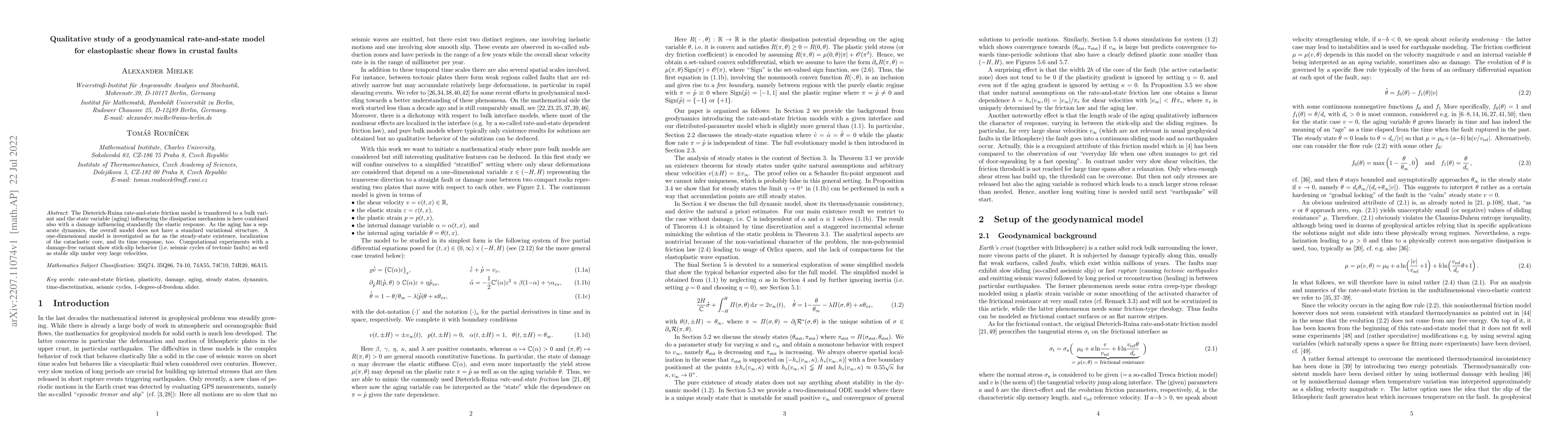 Thumbnail for Qualitative study of a geodynamical rate-and-state model for
  elastoplastic shear flows in crustal faults