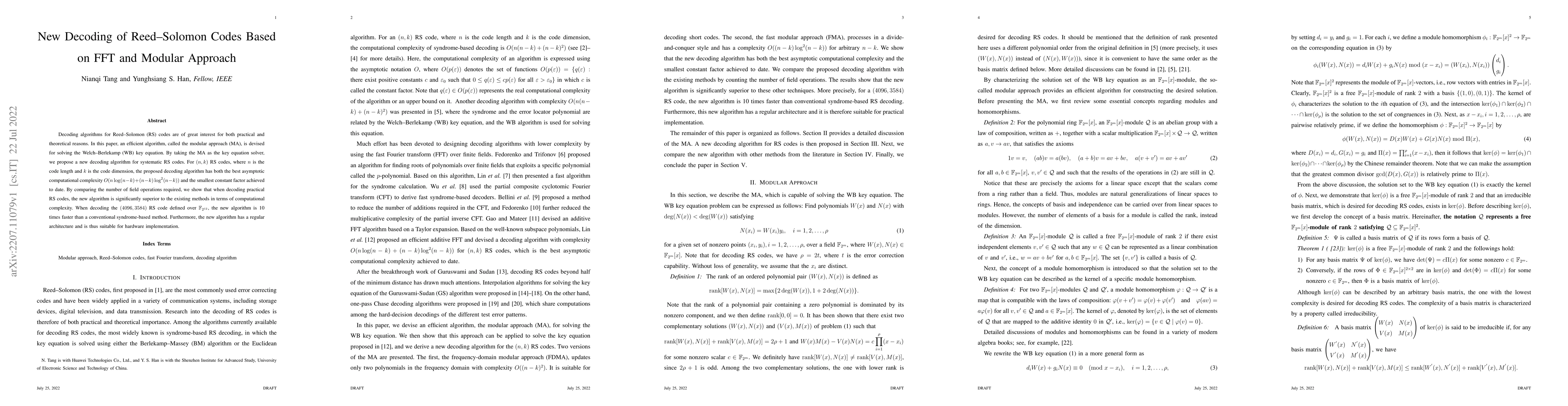 Thumbnail for New Decoding of Reed-Solomon Codes Based on FFT and Modular Approach