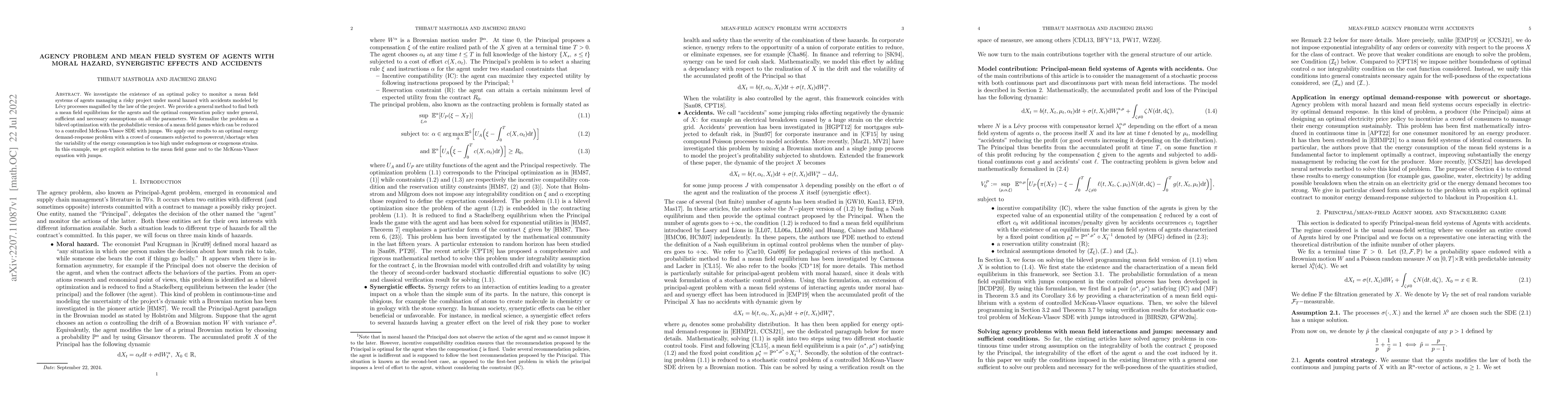 Thumbnail for Agency problem and mean field system of agents with moral hazard,
  synergistic effects and accidents
