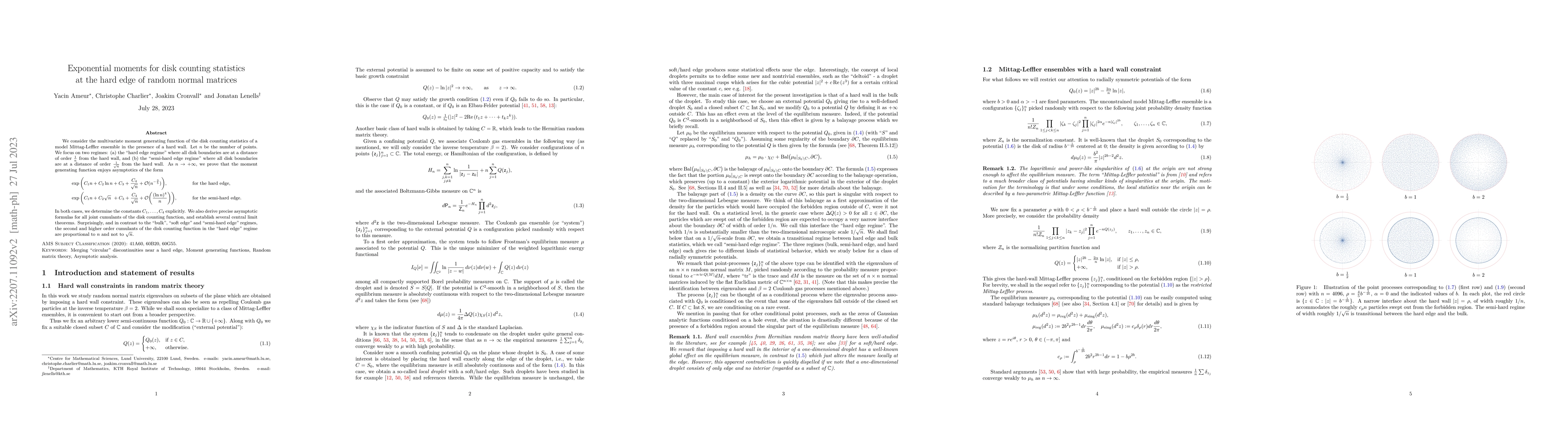 Thumbnail for Exponential moments for disk counting statistics at the hard edge of
  random normal matrices