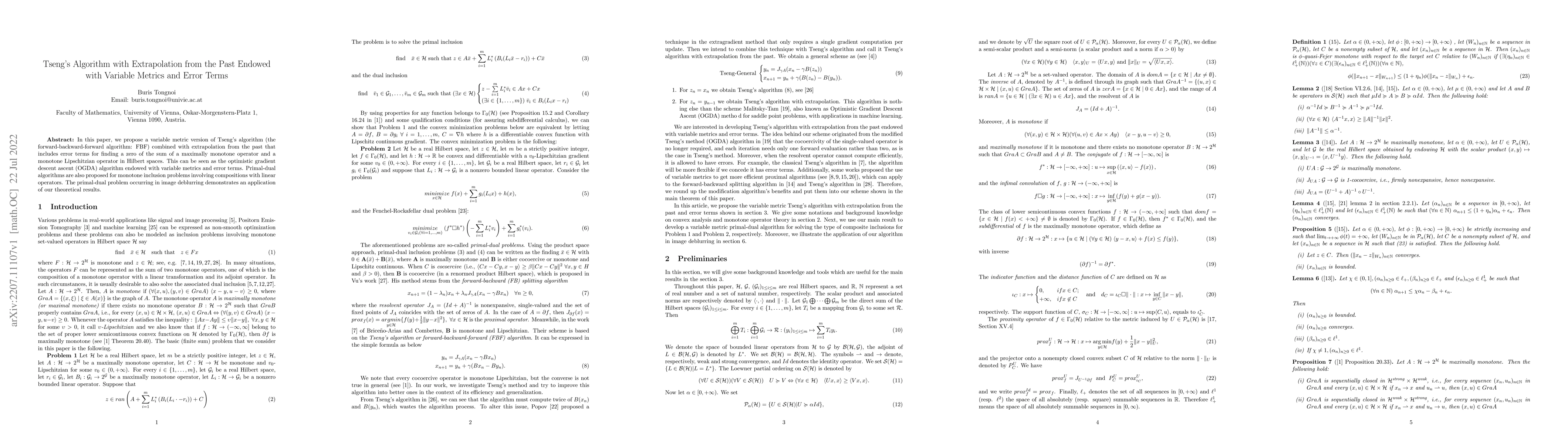 Thumbnail for Tseng's Algorithm with Extrapolation from the Past Endowed with Variable
  Metrics and Error Terms