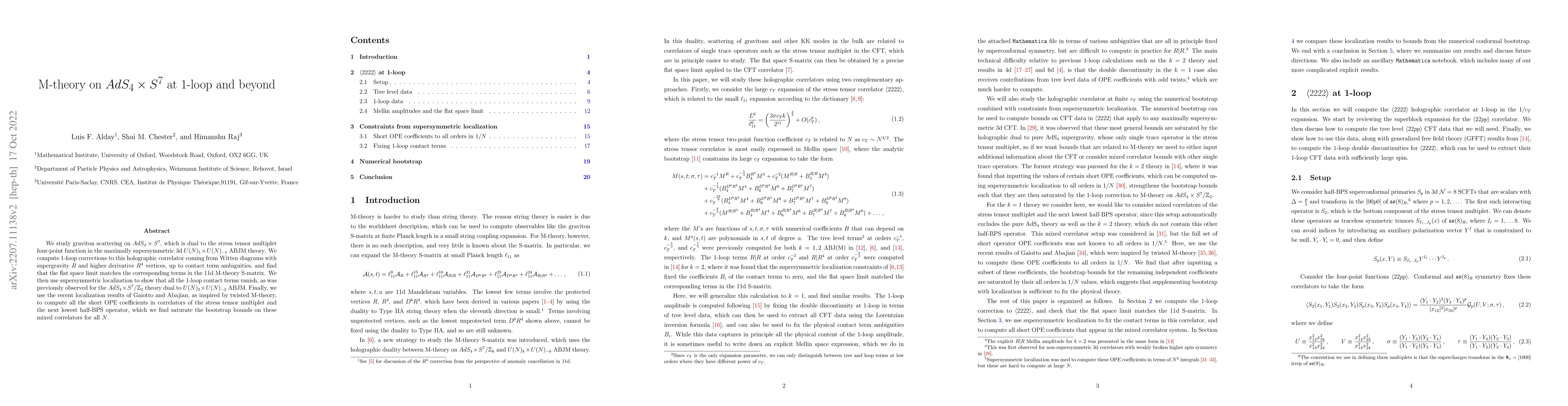 Thumbnail for M-theory on $AdS_4\times S^7$ at 1-loop and beyond