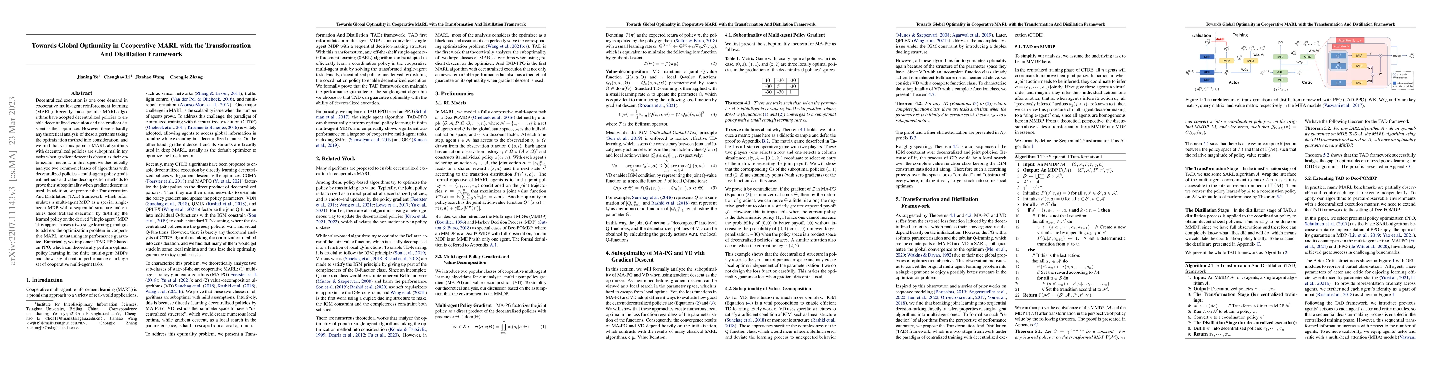 Thumbnail for Towards Global Optimality in Cooperative MARL with the Transformation
  And Distillation Framework