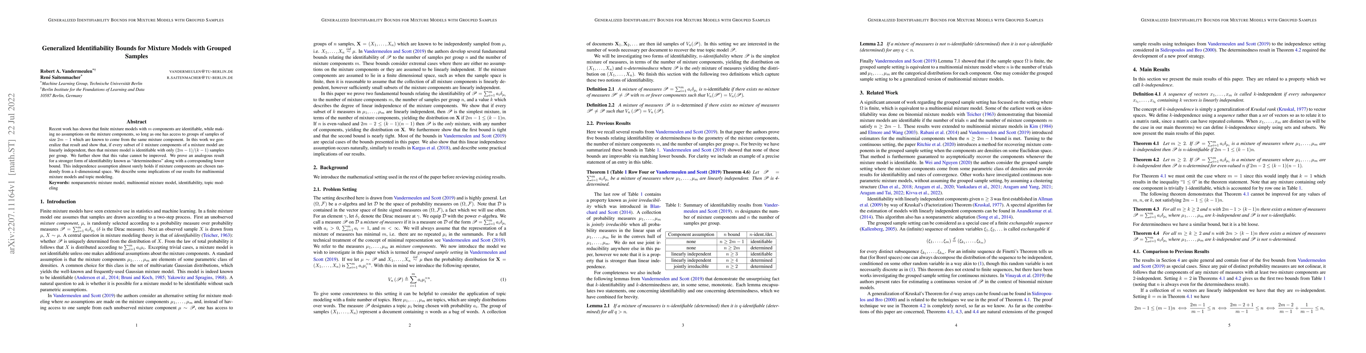Thumbnail for Generalized Identifiability Bounds for Mixture Models with Grouped
  Samples
