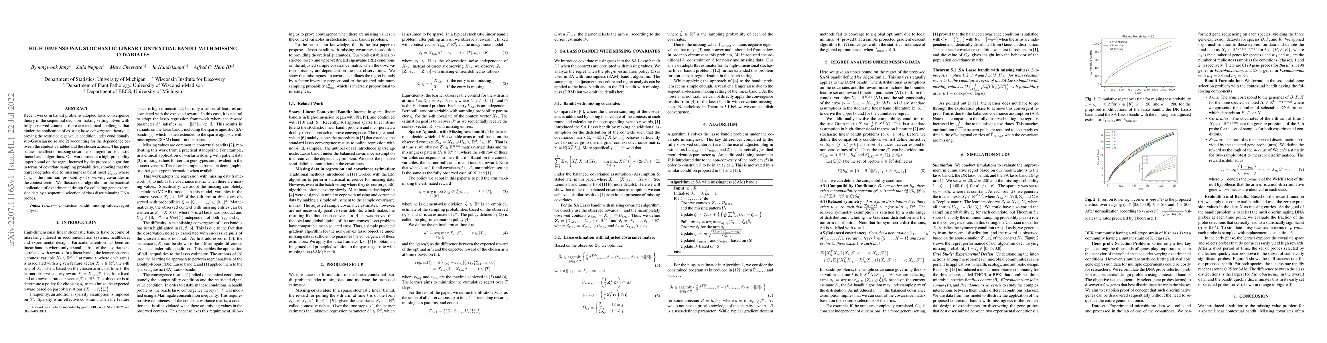 Thumbnail for High dimensional stochastic linear contextual bandit with missing
  covariates