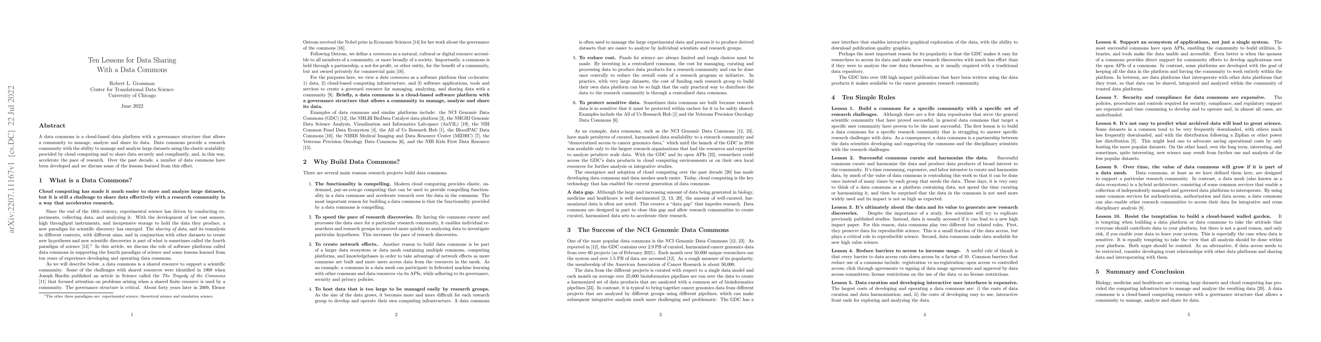 Thumbnail for Ten Lessons for Data Sharing With a Data Commons