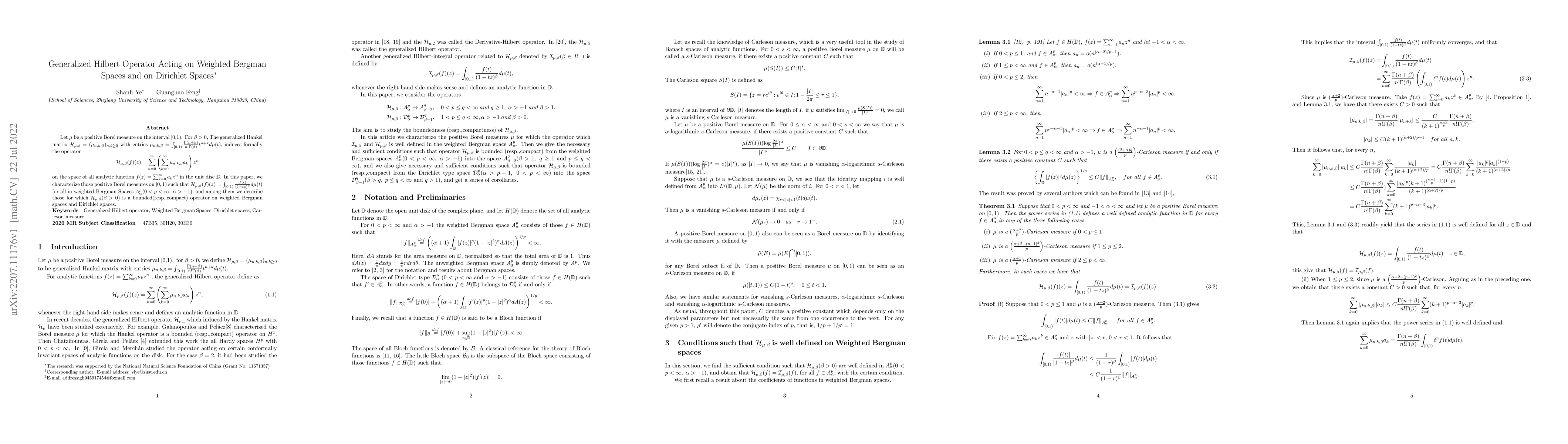 Thumbnail for Generalized Hilbert Operator Acting on Weighted Bergman Spaces and on
  Dirichlet Spaces