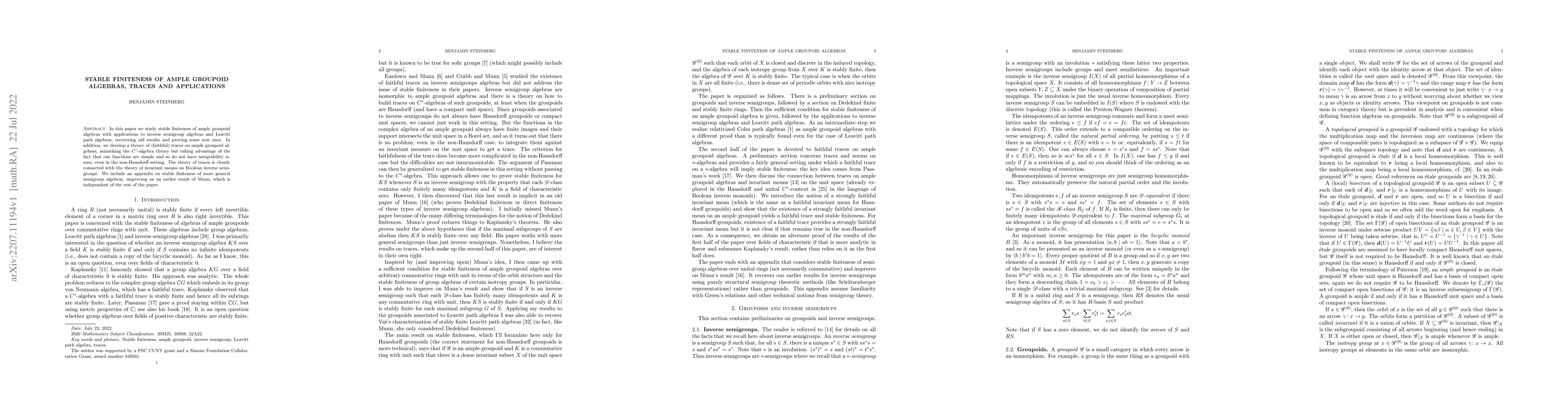 Thumbnail for Stable finiteness of ample groupoid algebras, traces and applications