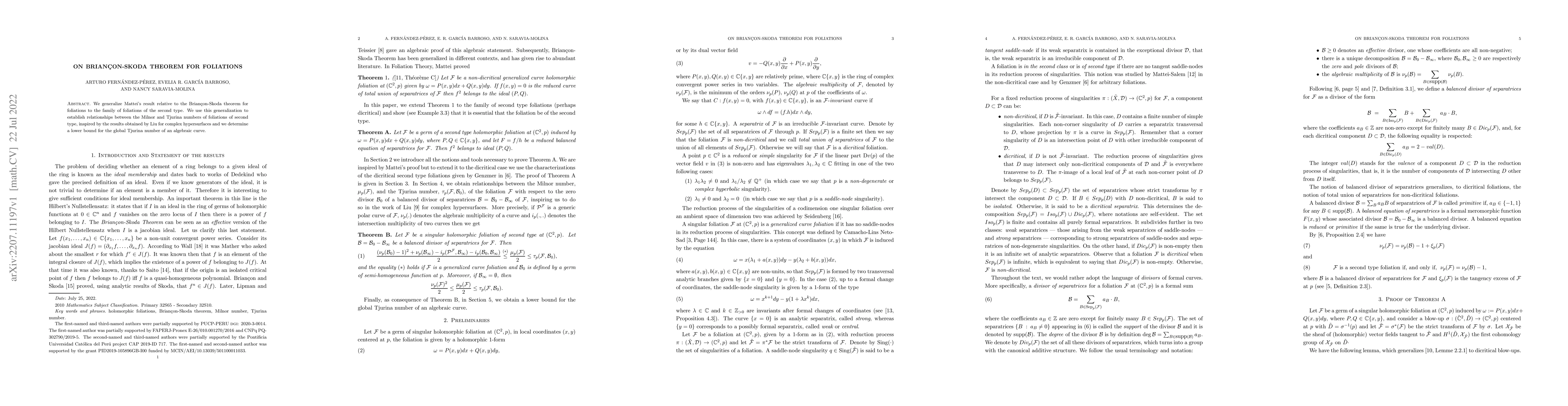 Thumbnail for On Brian\c{c}on-Skoda theorem for foliations