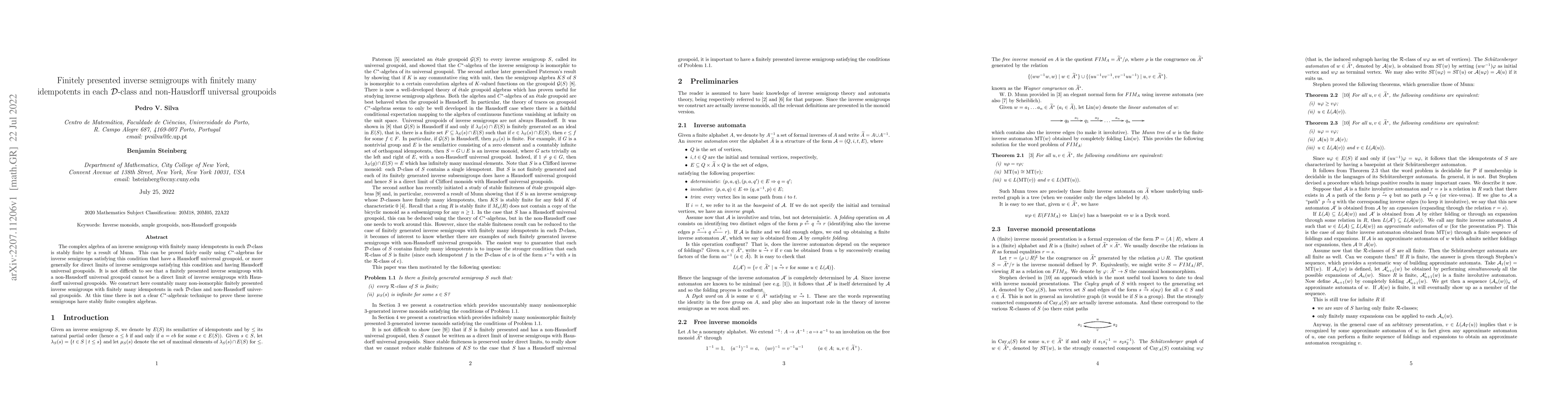 Thumbnail for Finitely presented inverse semigroups with finitely many idempotents in
  each $\mathcal D$-class and non-Hausdorff universal groupoids