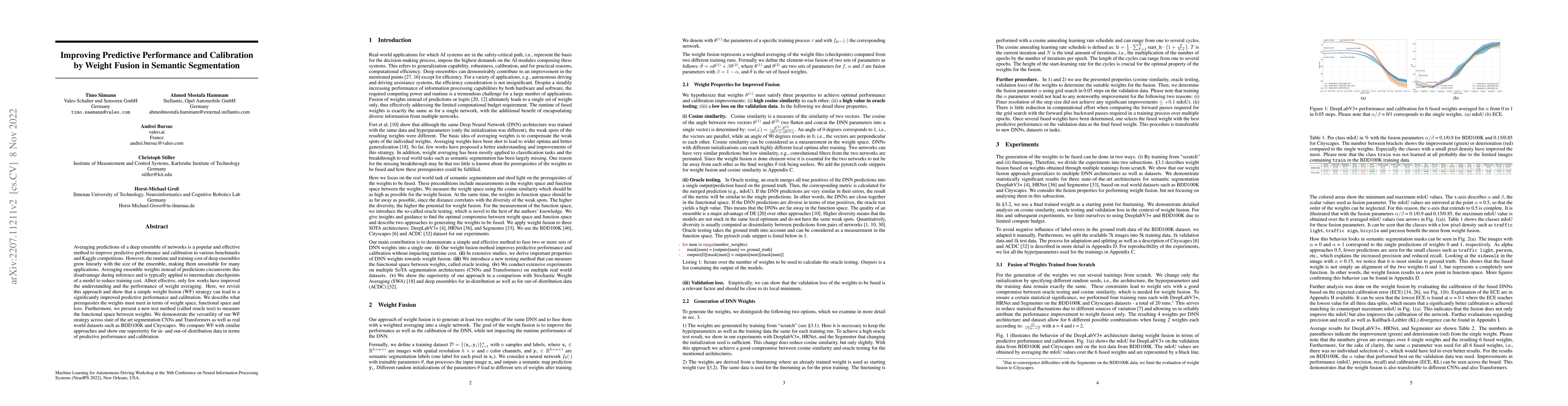 Thumbnail for Improving Predictive Performance and Calibration by Weight Fusion in
  Semantic Segmentation