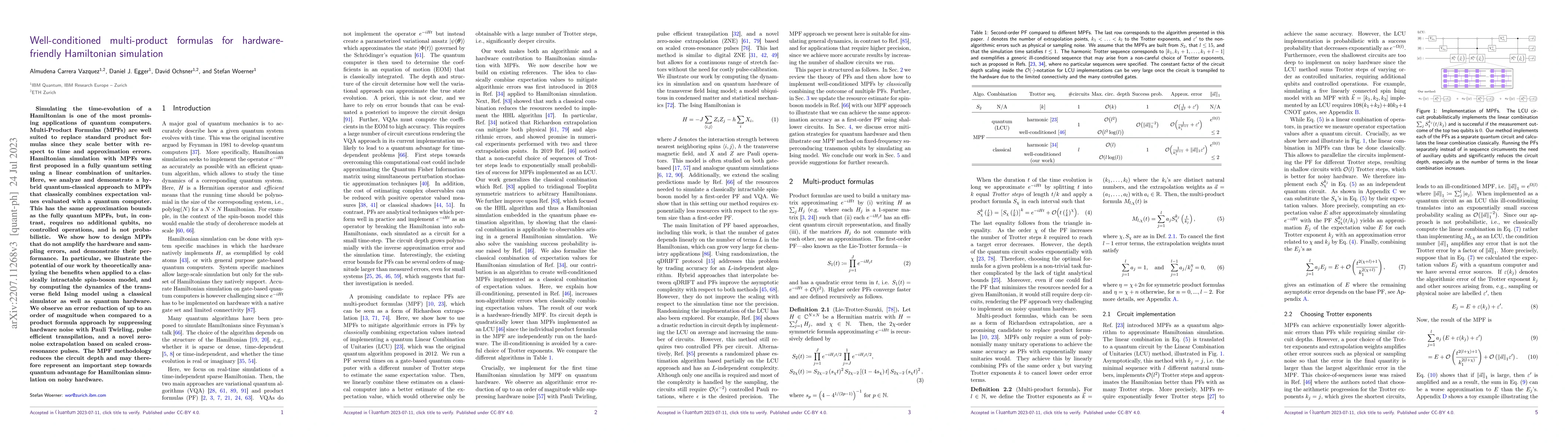Thumbnail for Well-conditioned multi-product formulas for hardware-friendly
  Hamiltonian simulation