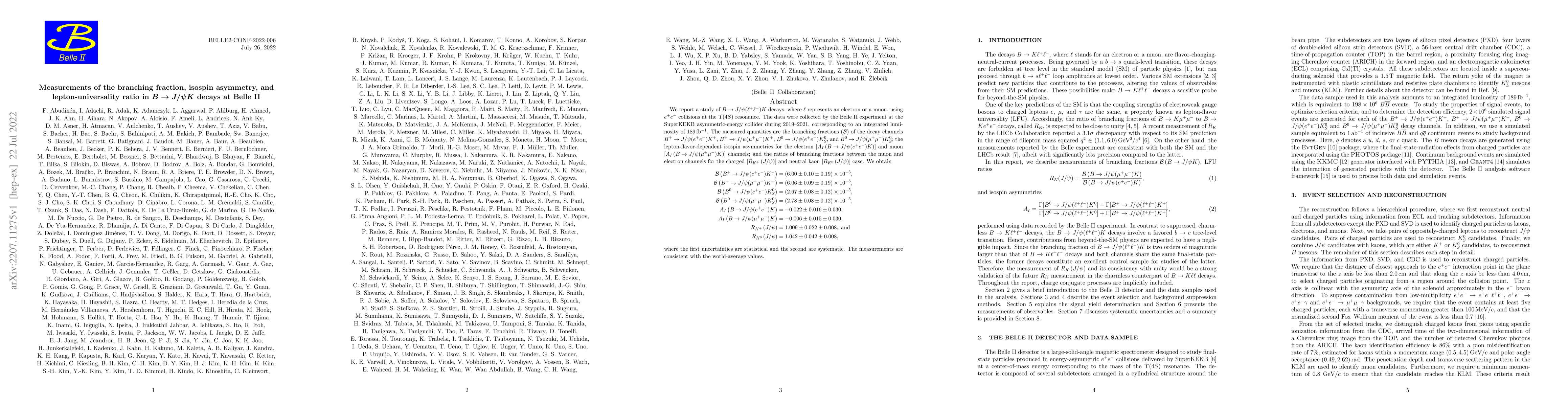 Thumbnail for Measurements of the branching fraction, isospin asymmetry, and
  lepton-universality ratio in $B \to J/\psi K$ decays at Belle II