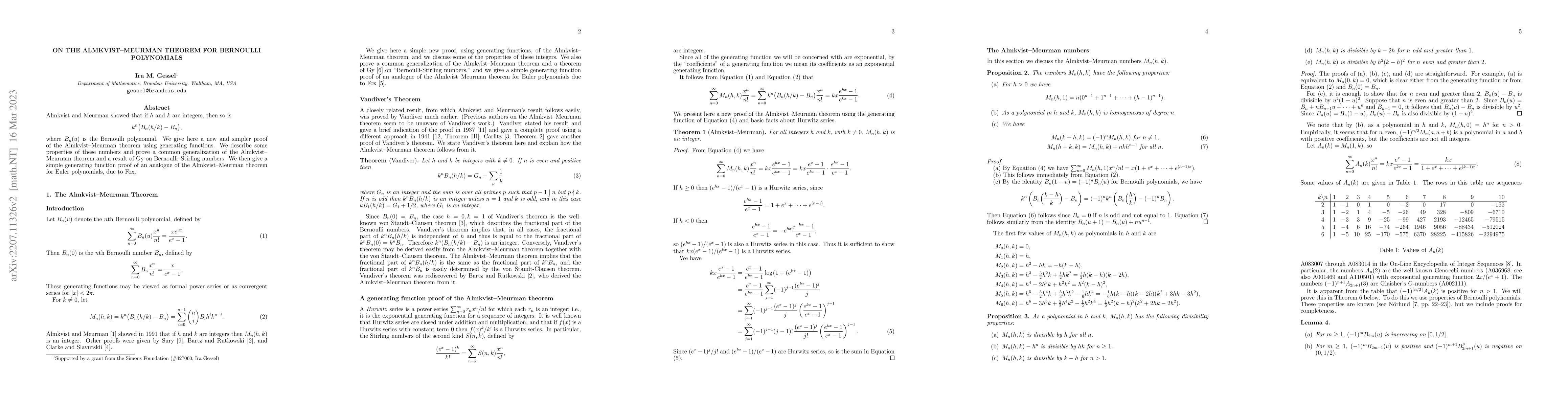 Thumbnail for On the Almkvist-Meurman theorem for Bernoulli polynomials