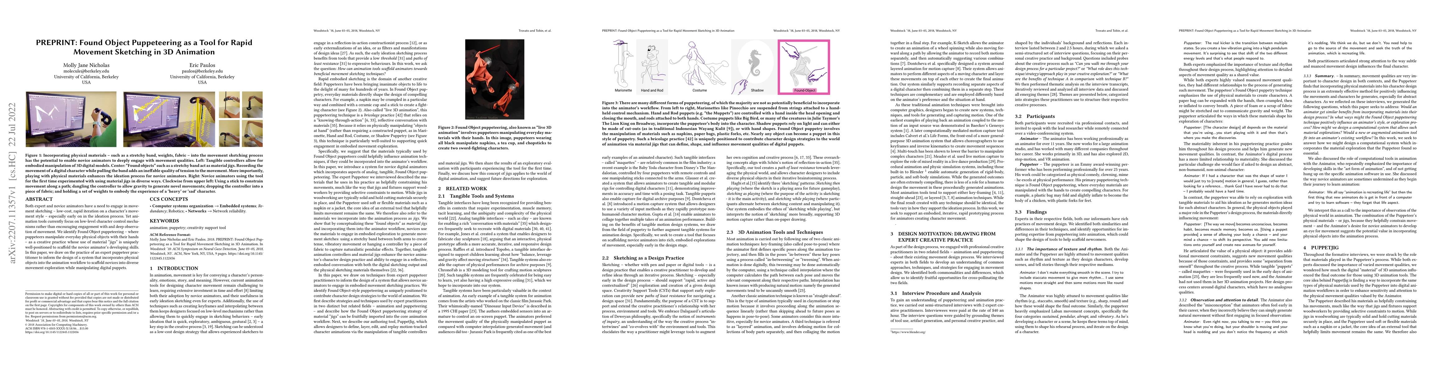Thumbnail for PREPRINT: Found Object Puppeteering as a Tool for Rapid Movement
  Sketching in 3D Animation