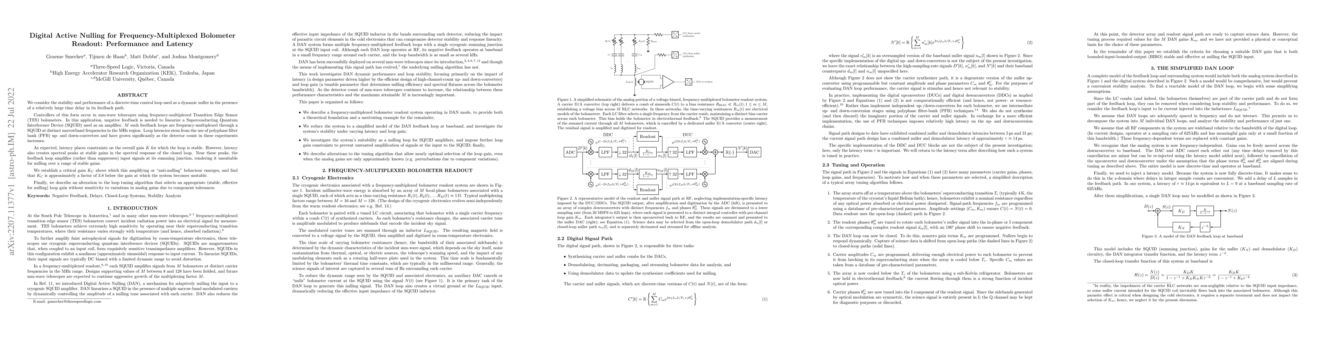 Thumbnail for Digital Active Nulling for Frequency-Multiplexed Bolometer Readout:
  Performance and Latency