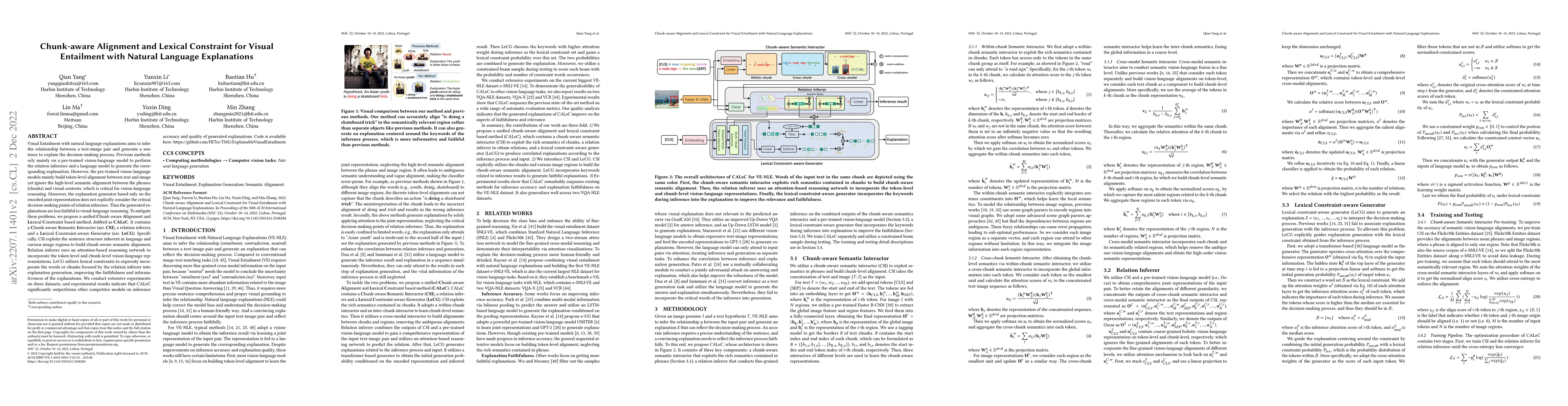 Thumbnail for Chunk-aware Alignment and Lexical Constraint for Visual Entailment with
  Natural Language Explanations