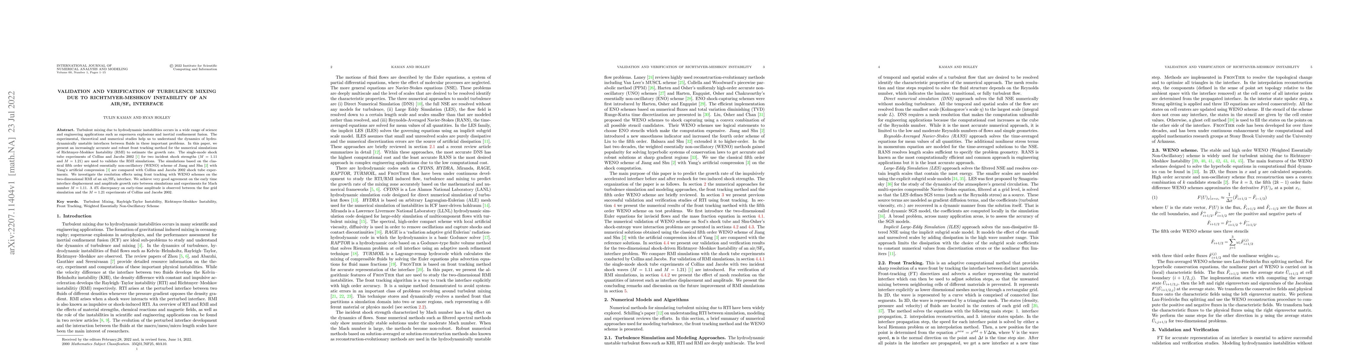 Thumbnail for Validation and Verification of Turbulence Mixing due to
  Richtmyer-Meshkov Instability of an air/SF$_6$ interface