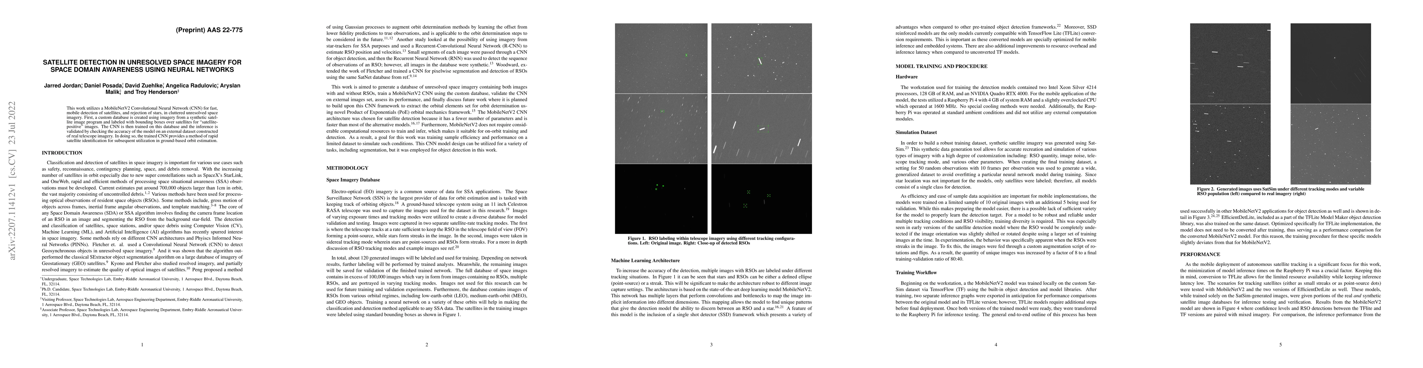Thumbnail for Satellite Detection in Unresolved Space Imagery for Space Domain
  Awareness Using Neural Networks