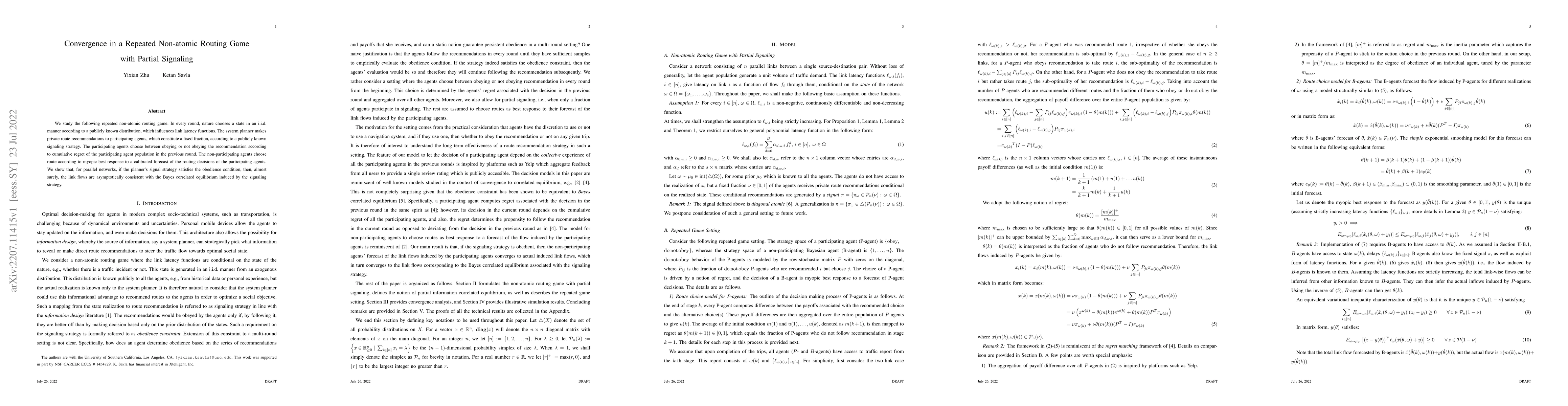 Thumbnail for Convergence in a Repeated Non-atomic Routing Game with Partial Signaling